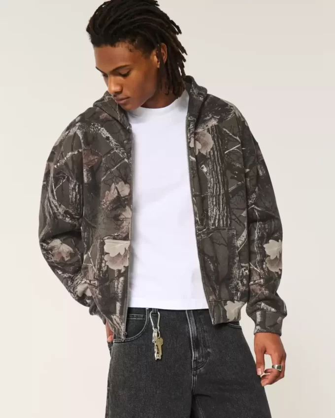 Boxy Camo Zip-Up Hoodie