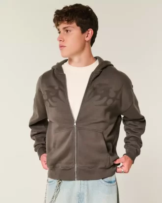 Boxy Flame Graphic Zip-Up Hoodie