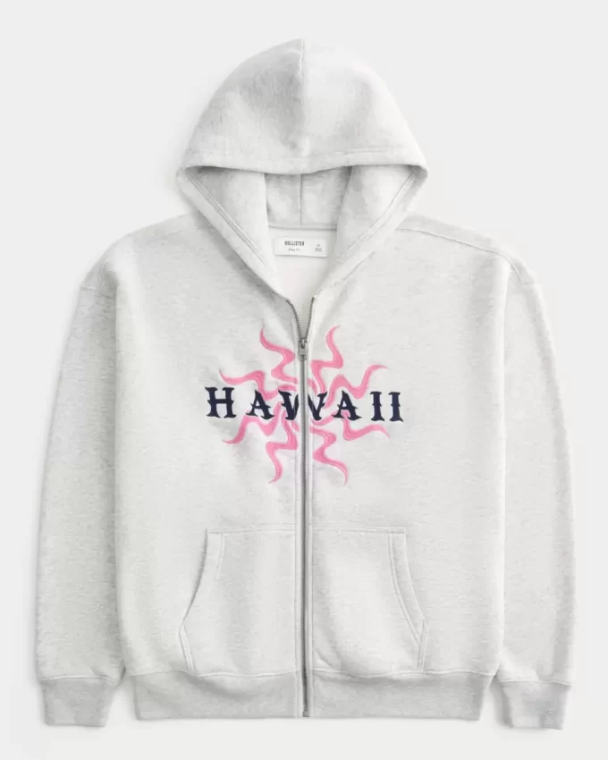 Boxy Hawaii Graphic Zip-Up Hoodie