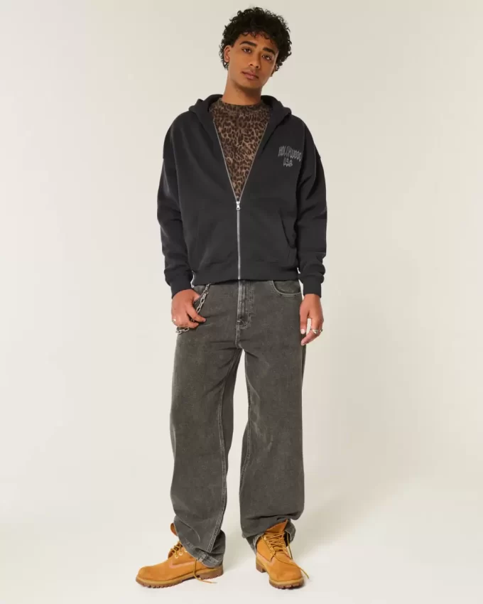 Boxy Hollywood Graphic Zip-Up Hoodie