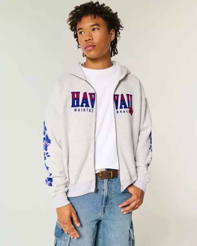 Boxy Zip-Up Φούτερ Hawaii Graphic