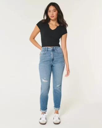 Curvy Ultra High Ripped Medium Wash Mom Jeans