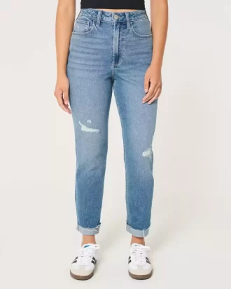 Curvy Ultra High Ripped Medium Wash Mom Jeans