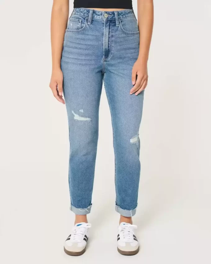 Curvy Ultra High Ripped Medium Wash Mom Jeans