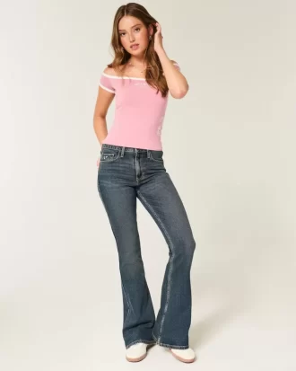 Υψηλό τζιν Dark Wash Embroidered Florals Flare