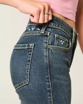 Υψηλό τζιν Dark Wash Embroidered Florals Flare