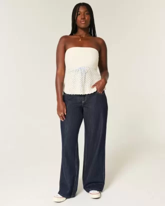 Φαρδύ τζιν με καμπύλες χαμηλού ύψους Dark Wash Foldover Waist Baggy