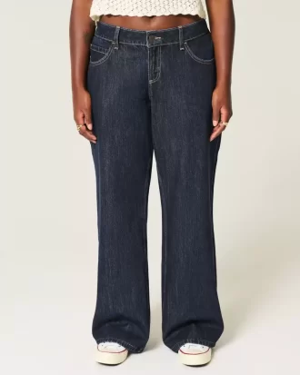 Φαρδύ τζιν με καμπύλες χαμηλού ύψους Dark Wash Foldover Waist Baggy