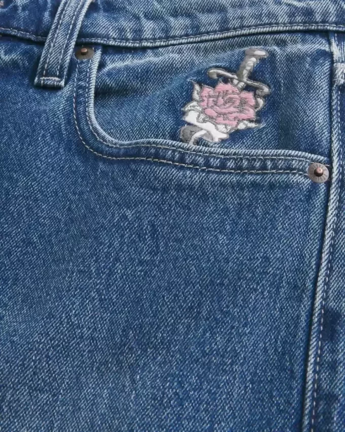 Dark Wash Rose Graphic Baggy Jeans