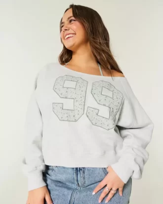 Easy Off-the-Shoulder Number Graphic Crew φούτερ