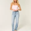 High-Rise Distressed Light Wash Straight τζιν