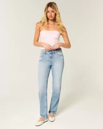 High-Rise Distressed Light Wash Straight τζιν