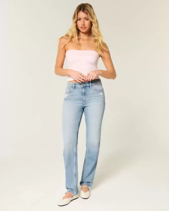High-Rise Distressed Light Wash Straight τζιν