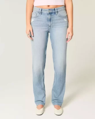 High-Rise Distressed Light Wash Straight τζιν