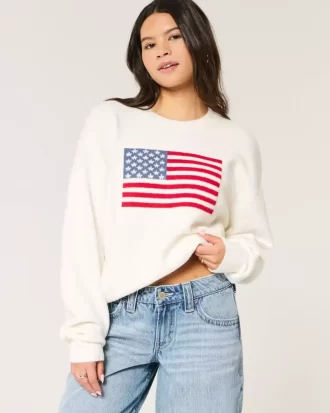 Hollister Comfy Cloud American Flag Graphic Crew πουλόβερ