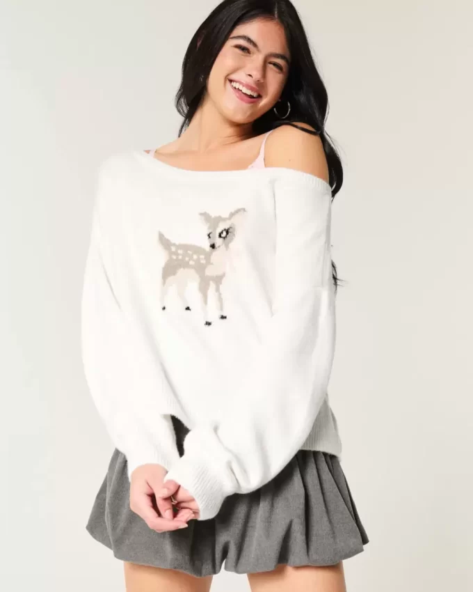 Γραφικό πουλόβερ Hollister Comfy Cloud Easy Off-the-Shoulder Deer Γραφικό πουλόβερ Hollister Comfy Cloud Easy Off-the-Shoulder Deer