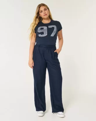 Παντελόνι με φαρδιά μπατζάκια Hollister Livvy Ultra High-Rise Linen Blend