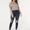 Κολάν Jean με καμπυλωτό ψηλό ύψος σκισμένο Dark Wash Κολάν Jean με καμπυλωτό ψηλό ύψος σκισμένο Dark Wash