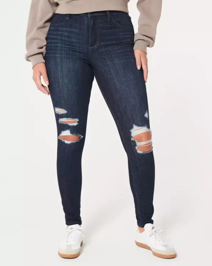 Κολάν Jean με καμπυλωτό ψηλό ύψος σκισμένο Dark Wash Κολάν Jean με καμπυλωτό ψηλό ύψος σκισμένο Dark Wash