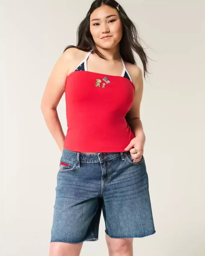 Low-Rise Dark Wash American Flag Graphic Baggy Jort Low-Rise Dark Wash American Flag Graphic Baggy Jort