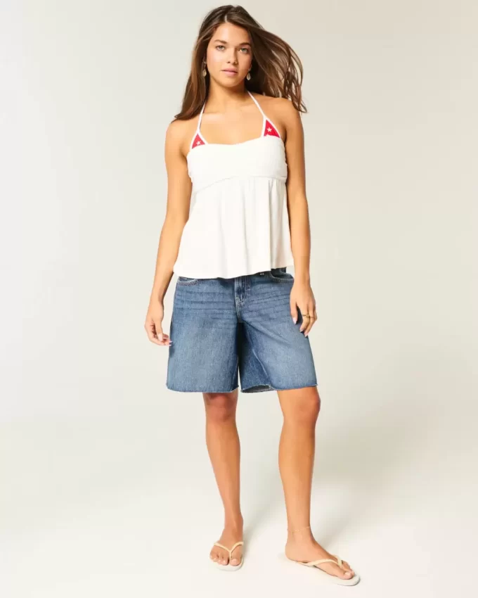Low-Rise Dark Wash American Flag Graphic Baggy Jort Low-Rise Dark Wash American Flag Graphic Baggy Jort