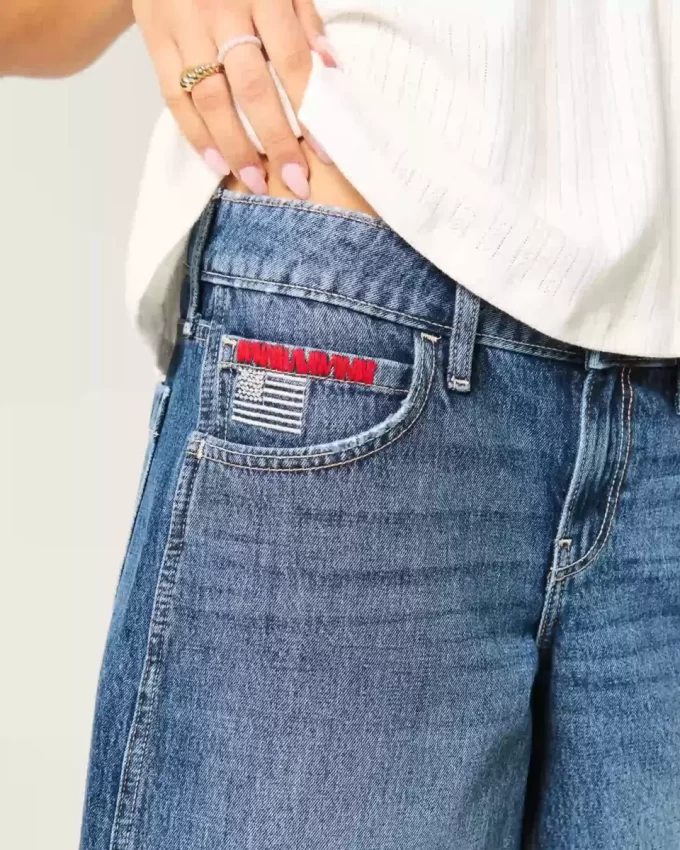 Low-Rise Dark Wash American Flag Graphic Baggy Jort Low-Rise Dark Wash American Flag Graphic Baggy Jort