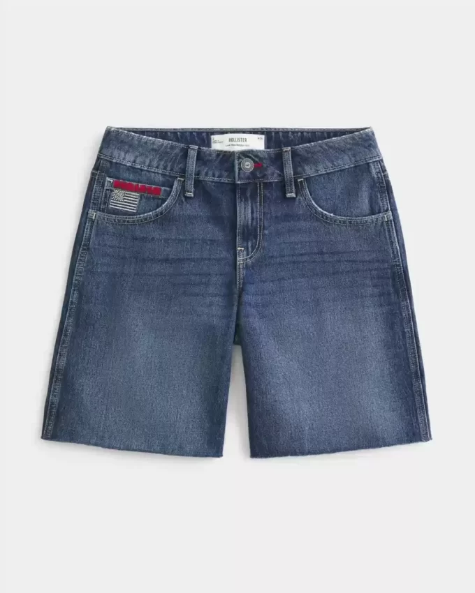 Low-Rise Dark Wash American Flag Graphic Baggy Jort Low-Rise Dark Wash American Flag Graphic Baggy Jort