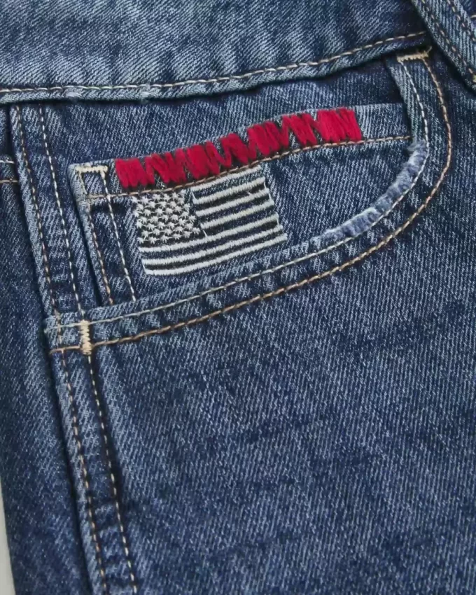 Low-Rise Dark Wash American Flag Graphic Baggy Jort Low-Rise Dark Wash American Flag Graphic Baggy Jort