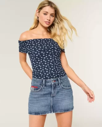 Χαμηλό ψηλό Medium Wash Flag Κεντημένο τζιν Mini Skort