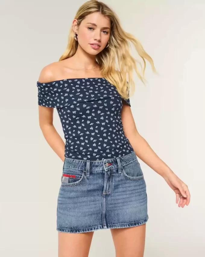 Χαμηλό ψηλό Medium Wash Flag Κεντημένο τζιν Mini Skort Χαμηλό ψηλό Medium Wash Flag Κεντημένο τζιν Mini Skort