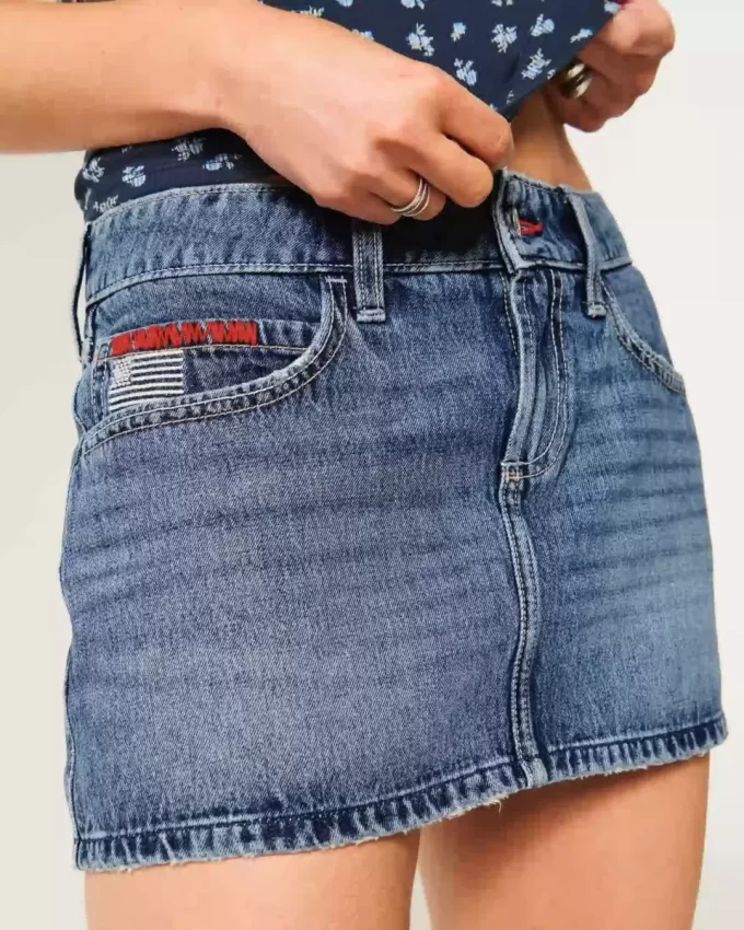 Χαμηλό ψηλό Medium Wash Flag Κεντημένο τζιν Mini Skort Χαμηλό ψηλό Medium Wash Flag Κεντημένο τζιν Mini Skort