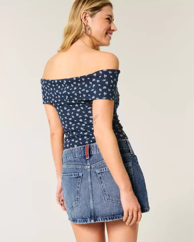 Χαμηλό ψηλό Medium Wash Flag Κεντημένο τζιν Mini Skort Χαμηλό ψηλό Medium Wash Flag Κεντημένο τζιν Mini Skort
