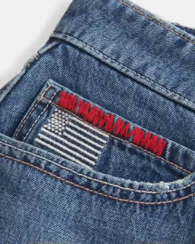 Χαμηλό ψηλό Medium Wash Flag Κεντημένο τζιν Mini Skort Χαμηλό ψηλό Medium Wash Flag Κεντημένο τζιν Mini Skort