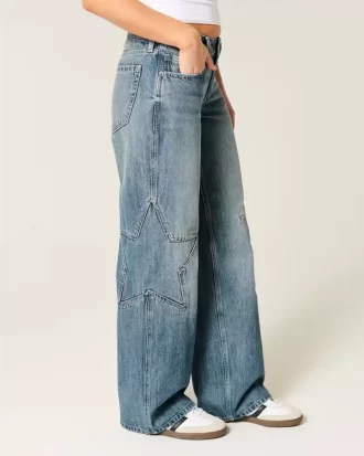 Χαμηλό ύψος Medium Wash Star Graphic Baggy Jeans