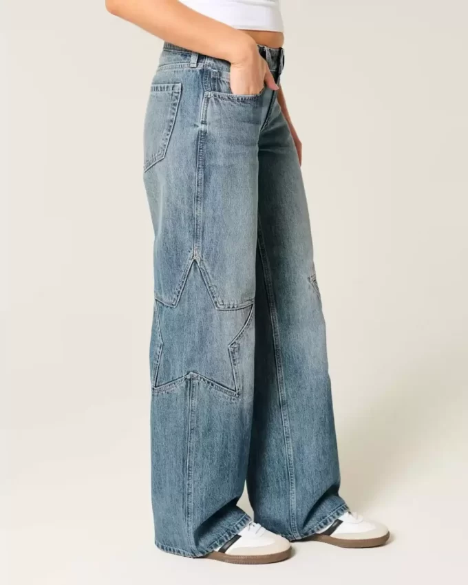Χαμηλό ύψος Medium Wash Star Graphic Baggy Jeans Χαμηλό ύψος Medium Wash Star Graphic Baggy Jeans