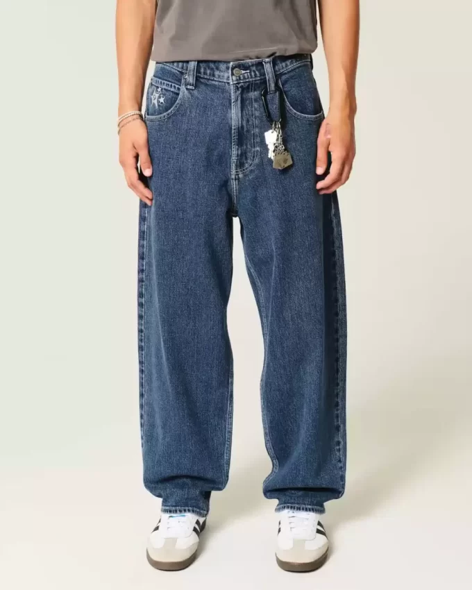 Medium Wash Star Graphic Skater Baggy Jeans