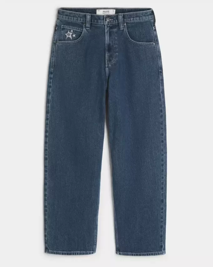 Medium Wash Star Graphic Skater Baggy Jeans