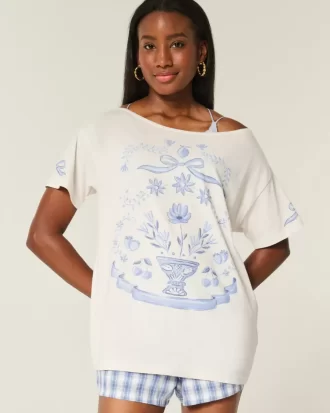 Υπερμεγέθη γραφικό μπλουζάκι Off-the-Shoulder