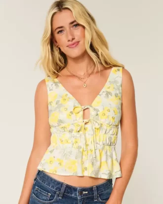 Λινό-Μίγμα Γραβάτα-Μπροστινό Peplum Top