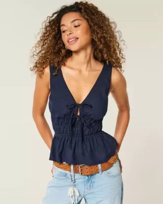 Λινό-Μίγμα Γραβάτα-Μπροστινό Peplum Top