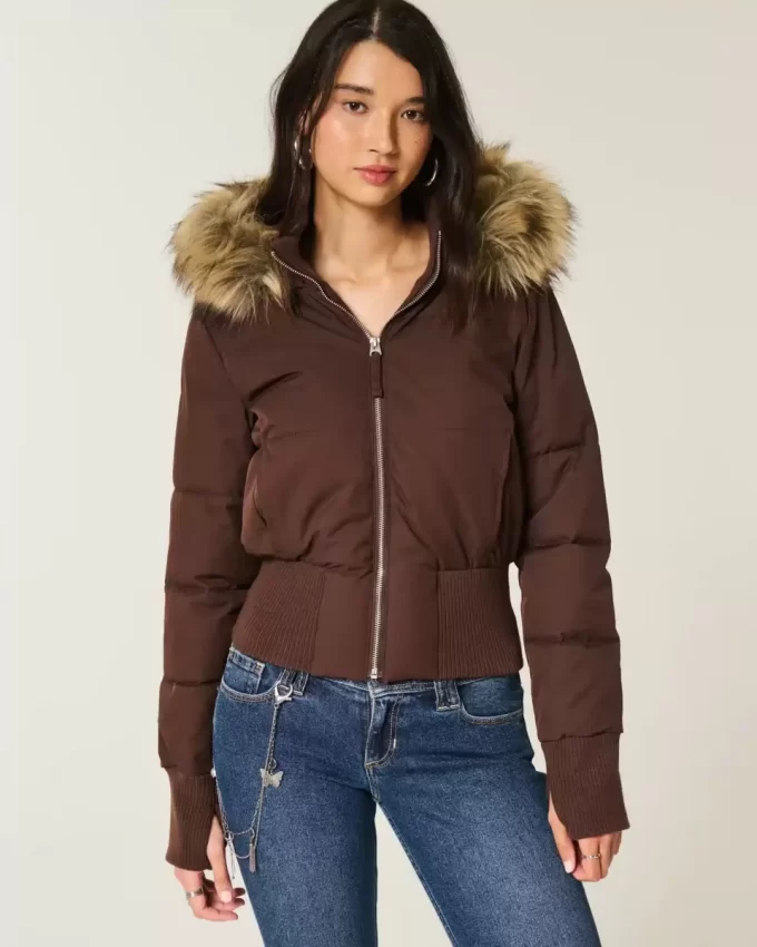 Μπουφάν Puffer Bomber Trim Faux Fur