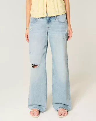 Χαμηλό ύψος Ripped Light Wash Graphic baggy τζιν