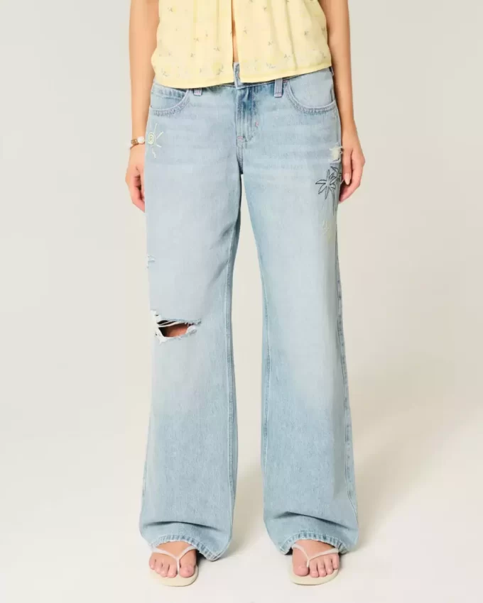 Χαμηλό ύψος Ripped Light Wash Graphic baggy τζιν