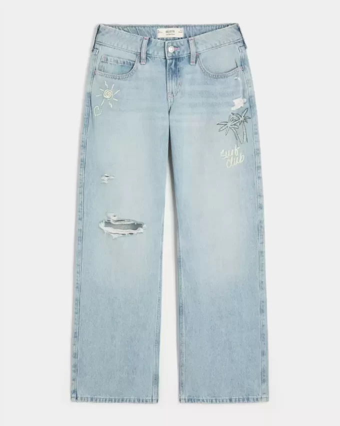 Χαμηλό ύψος Ripped Light Wash Graphic baggy τζιν