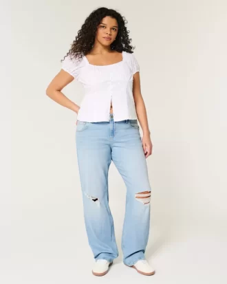 Χαμηλό Ripped Light Wash Relaxed Straight Jeans