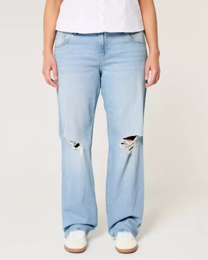Χαμηλό Ripped Light Wash Relaxed Straight Jeans Χαμηλό Ripped Light Wash Relaxed Straight Jeans