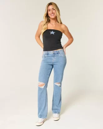 Χαλαρό ίσιο τζιν Χαμηλό Ripped Medium Wash