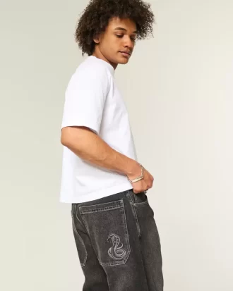Πλυμένο Μαύρο Κεντημένο Φίδι Skater Baggy Jeans