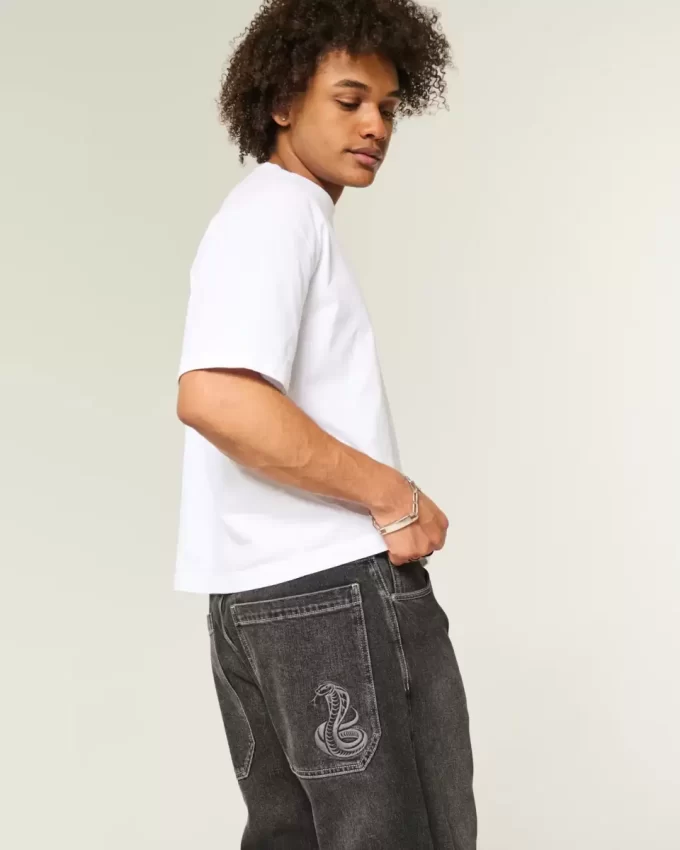 Πλυμένο Μαύρο Κεντημένο Φίδι Skater Baggy Jeans Πλυμένο Μαύρο Κεντημένο Φίδι Skater Baggy Jeans