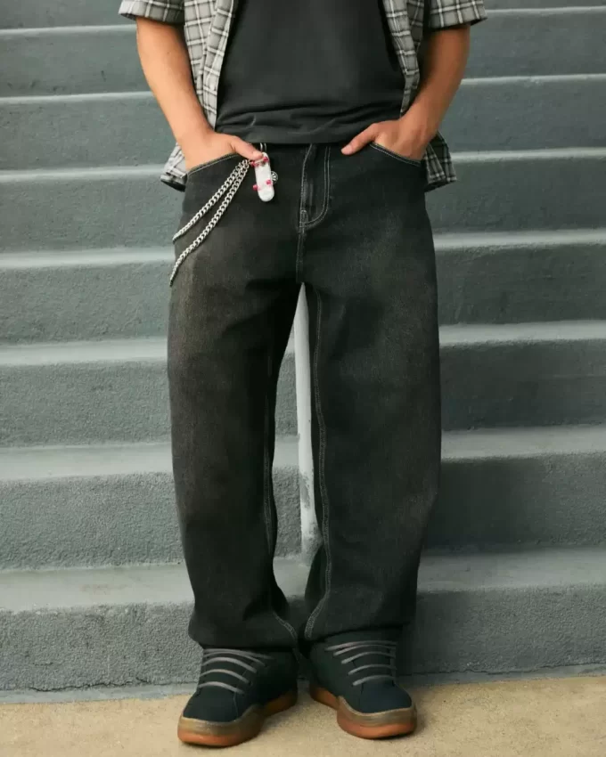 Πλυμένο Μαύρο Κεντημένο Φίδι Skater Baggy Jeans Πλυμένο Μαύρο Κεντημένο Φίδι Skater Baggy Jeans